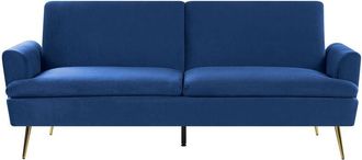 Beliani Velvet Sofa Bed Navy Blue Convertible Click-Clack Sleeper Golden Metal Legs Vettre