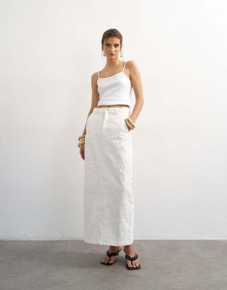 Topshop Gonna lunga a colonna in denim &eacute;cru effetto invecchiato-Bianco
