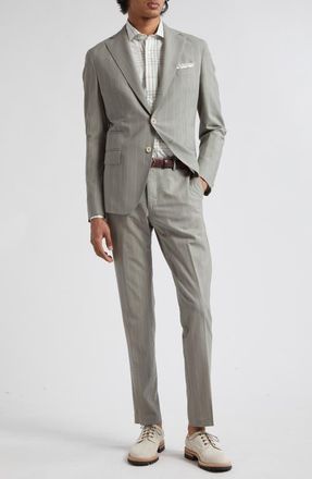 Eleventy Pinstripe Stretch Wool Blend Suit in Military Green at Nordstrom, Size 42 Us