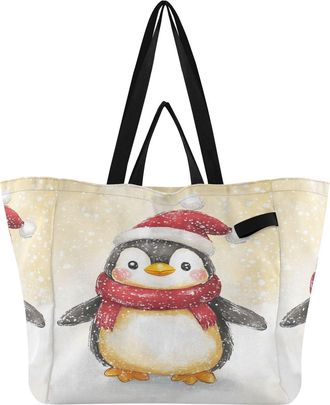 Generic Penguin Winter Yellow print Reusable Canvas Tote Bag, Heavy Duty Grocery Shopping Bag with Hard Bottom Large Capacity Double Handles Work Groceries Tr