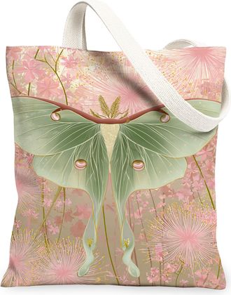 Generic Floral Moth Canvas Tote Bags, Elegant Butterfly Pattern Reusable Grocery Bags, Spring Vintage Lightweight Washable Shoulder, Peach, 13x15 Inch