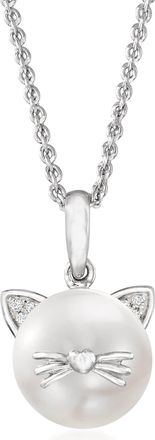 Ross-Simons 9-9.5mm Cultured Pearl Cat Pendant Necklace With Diamond Accents in Sterling Silver