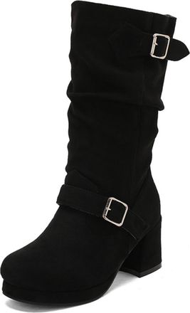 Generic Womens Retro Ruched Mid-Calf Boots with Double Buckle Straps Chunky Block Heels Platform Sole Comfortable Anti-Slip Wear-Resistant for Daily Street Ni