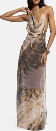 Jaded London Feather Print Halter Neck Slipdress in Brown at Nordstrom, Size 12