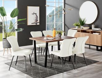 Furniturebox Kylo Large Brown Wood Effect Dining Table & 6 Nora Black Leg Velvet Chairs in Cream