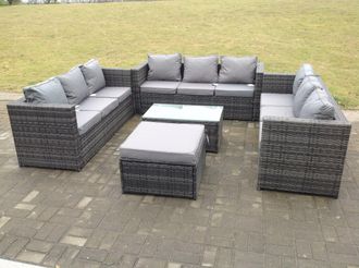 Fimous Outdoor Rattan Garden Furniture Lounge Sofa Set With Oblong Coffee Table With Big Footstool in Dark Grey
