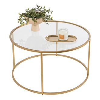 Dmora Mesa De Sal&oacute;n Moena, Redonda, Cristal Transparente, 80x80x43h Cm, Dorado
