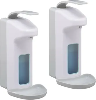 Relaxdays 2 Dispensadores De Jab&oacute;n Para Pared, 1000 Ml, Bandeja Goteo, Dosificador Desinfectante, Palanca Brazo, Abs, Blanco