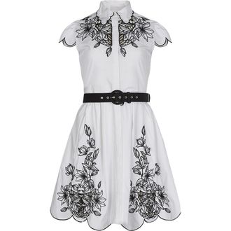 Anne Fontaine Womens Dress Adelina White Poplin Shirt Dress With Black Embroidery Detailing, Scalloped Hem, Pockets & Removable Belt in Black/white