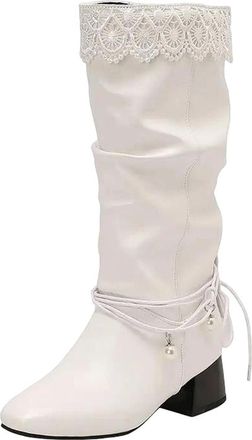Generic Womens Retro Mid Calf Boots Round Toe Med Square Heel Slip On With Decorative Lace Up Detail Color Block Design