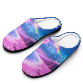Generic Rainbow 4th of July Fireworks Deer Womens Slippers Warm House Slippers Indoor House Shoes with Anti-Skid Rubber Sole
