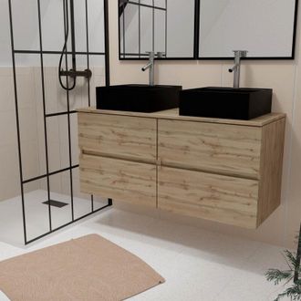 Aurlane Aurlane - Mueble de Baño 120cm 4 Cajones Roble Natural + 2 Lavabos Negros 41x41x15cm