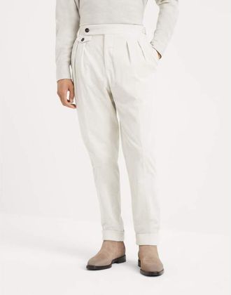 Brunello Cucinelli Mens Talc Cotton Wool Pleated Trousers, Size 52