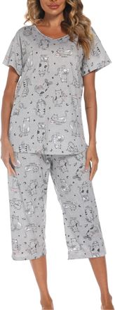 Mia Lucce Mialucce Womens Pyjamas -Short SleeveTops with 3/4 Pants PJs Sets-2 Piece Sleepwear(XX-Large,grey cat)