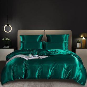 OEM Juego De Funda N&oacute;rdica De Sat&eacute;n Verde Oscuro De 220x240 Cm, Juego De Ropa De Cama Suave, Sedoso Y Brillante, Juego De Funda N&oacute;rdica Para 2 Personas Co