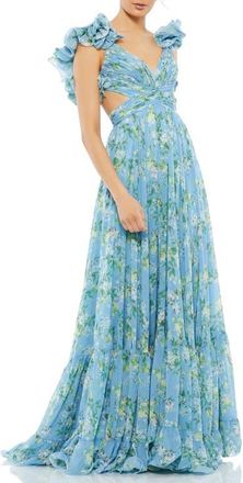 Mac Duggal Ruffle Tiered Floral Cut-Out Chiffon Gown in Blue Multi at Nordstrom, Size 2