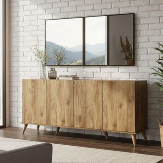 Dmora Aparador Paine, Armario 2 Estantes, Puerta Batiente, 4 Puertas, 180x45x81h Cm Marr&oacute;n Nogal