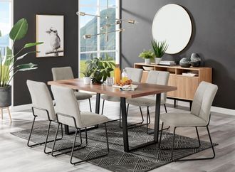 Furniturebox Kylo Large Brown Wood Effect Dining Table & 6 Cream Halleyy Fabric Chairs in Taupe