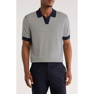 14th & Union Short Sleeve Johnny Collar Knit Top in Navy- Ivory Evan Stripe at Nordstrom Rack, Size Xx-Large