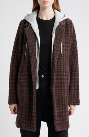 Thread & Supply Plaid Coat with Bib Hoodie in Brown Black Plaid at Nordstrom Rack, Size Medium