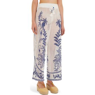 Farm Rio Nina Floral Embroidery Open Stitch Cover-Up Pants in Nina Embroidery Off- at Nordstrom, Size X-Small