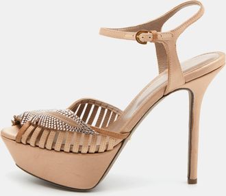 Sergio Rossi Light Brown Satin Crystal Embellished Ankle Strap Sandals