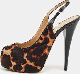 Giuseppe Zanotti Beige Leopard Print Calf Hair And Leather Peep Toe Slingback Pumps