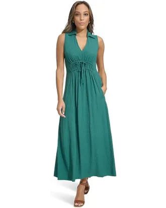 Calvin Klein Gauze Dress Womens Green Ruched Sleeveless Collared Preppy ASM59