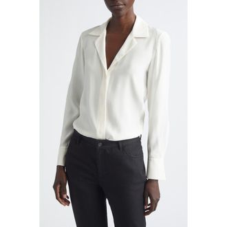 Lafayette 148 New York Scottie Notched Collar Silk Button-Up Shirt in Cloud at Nordstrom, Size X-Large