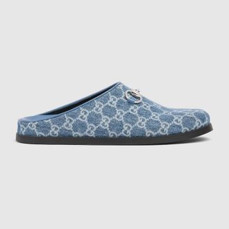 Gucci Womens Mule With Horsebit, Blue, Fabric