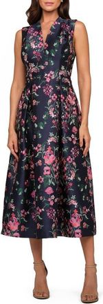 Kay Unger Rhea Floral Midi Cocktail Dress in Ink Blue Multi at Nordstrom, Size 10