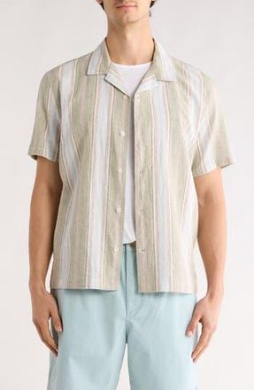 14th & Union Linen & Cotton Short Sleeve Camp Shirt in Olive River Stripe at Nordstrom Rack, Size Xx-Large