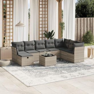 vidaXL Set Muebles Jard&iacute;n 9 Pzas Y Cojines Rat&aacute;n Sint&eacute;tico Gris Claro Vidaxl