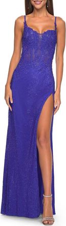 La Femme Rhinestone Embellished Fishnet Dress with Lace Details in Royal Blue at Nordstrom, Size 00