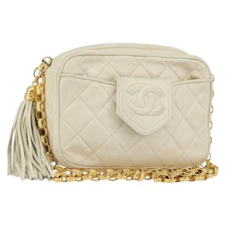 Chanel Vintage Front Pocket Camera Quilted Lambskin Beige Leather Handbag (Pre-Owned)