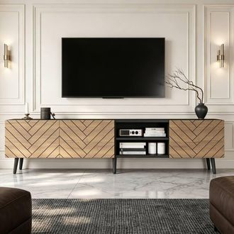 Merax Chevron Pattern TV Stand with 2 Drop-down Door & Cable Management in Brown