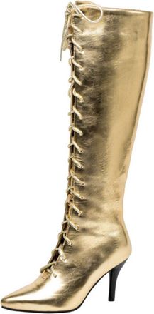 Generic Womens Metallic Shiny Knee High Boots Pointed Toe Stiletto Heels Lace-Up Side Zipper PU Leather Party Night Out Stage Statement Shoes,Gold,6.5 UK