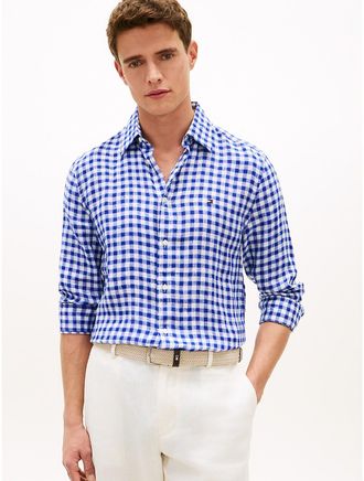 Tommy Hilfiger Mens Regular Fit Gingham Linen Shirt - Blue - XXL