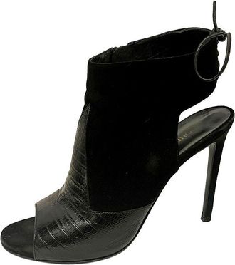 Saint Laurent black embossed croc leather & suede Jane heeled booties Size 37.5