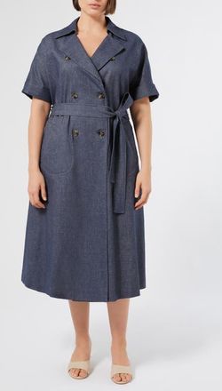 Marina Rinaldi Favilla Double Breasted Cotton & Linen Shirtdress in Blue Jeans at Nordstrom, Size 18W