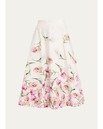 Oscar De La Renta Painted Iris Print Cotton Midi Skirt
