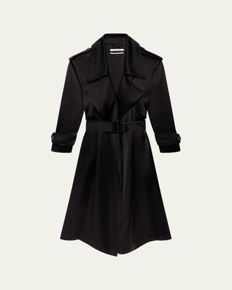 Another Tomorrow Soft Satin Belted Long Trench Coat