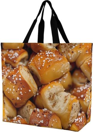 Generic Golden Brown Pretzels Reusable Shopping Bags One Shoulder Grocery Tote Bag Waterproof Big Purse for Work Travel