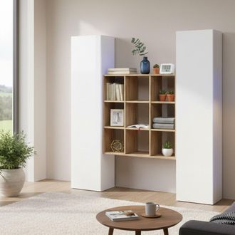 Dmora Aparador Ddacru, Juego De Sal&oacute;n Con 2 Puertas Y Estantes, Buffet De Sal&oacute;n, Aparador De Cocina, 100% Made In Italy, Cm 170x30h180, Blanco Brillo Y Arce