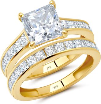 MAX + STONE 10k Gold 3.0 Carat Princess Cut Cubic Zirconia Engagement Ring with Wedding Band