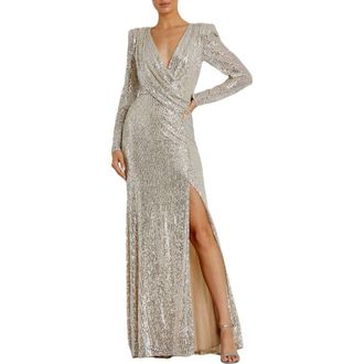 Mac Duggal Sequined Long Sleeve Faux Wrap Ruched Gown in Nude at Nordstrom, Size 16