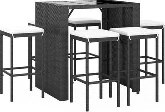 vidaXL Mesa Y Taburetes Altos Jard&iacute;n Y Cojines 7 Pzas Rat&aacute;n Pe Negro Vidaxl