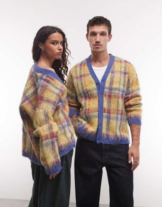 Reclaimed Vintage cardigan unisex lavorato a maglia spazzolato con scollo a V a quadri-Multicolore