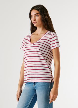 Pepe Jeans London T-Shirt PEPE JEANS MEGAN V-NECK STRIPED, Damen, Gr. XL, antique wei&szlig;, Leinenmischung, Obermaterial: 50% Baumwolle, 50% Leinen, gestreift, gerade h&uuml;ftl