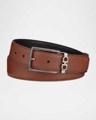 Ferragamo Men & apos;s Textured Leather Belt with Gancini Detail